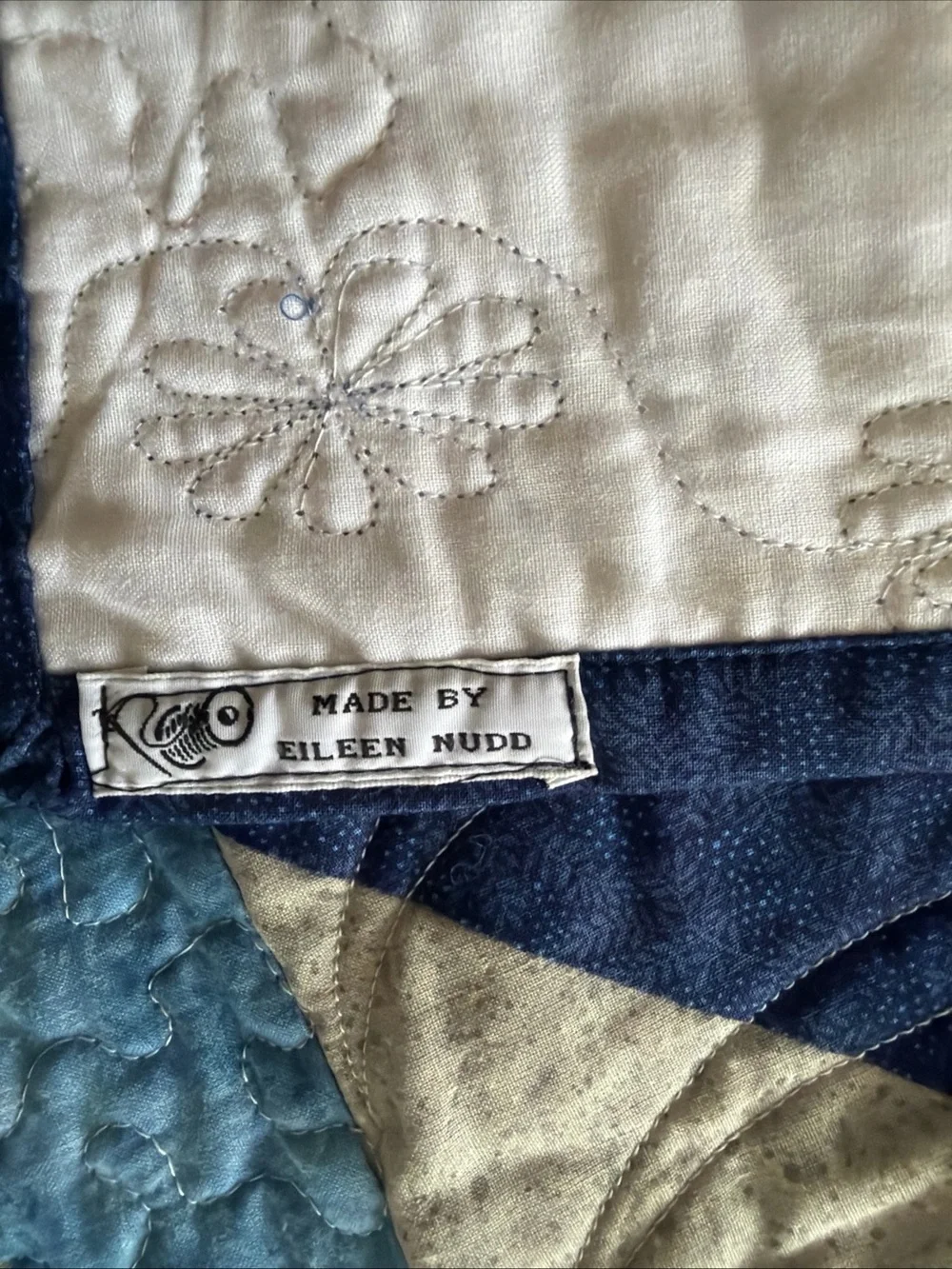 Eileen Nudd vintage handmade quilt 55 x 55 Custom, long arm card trick blue sand